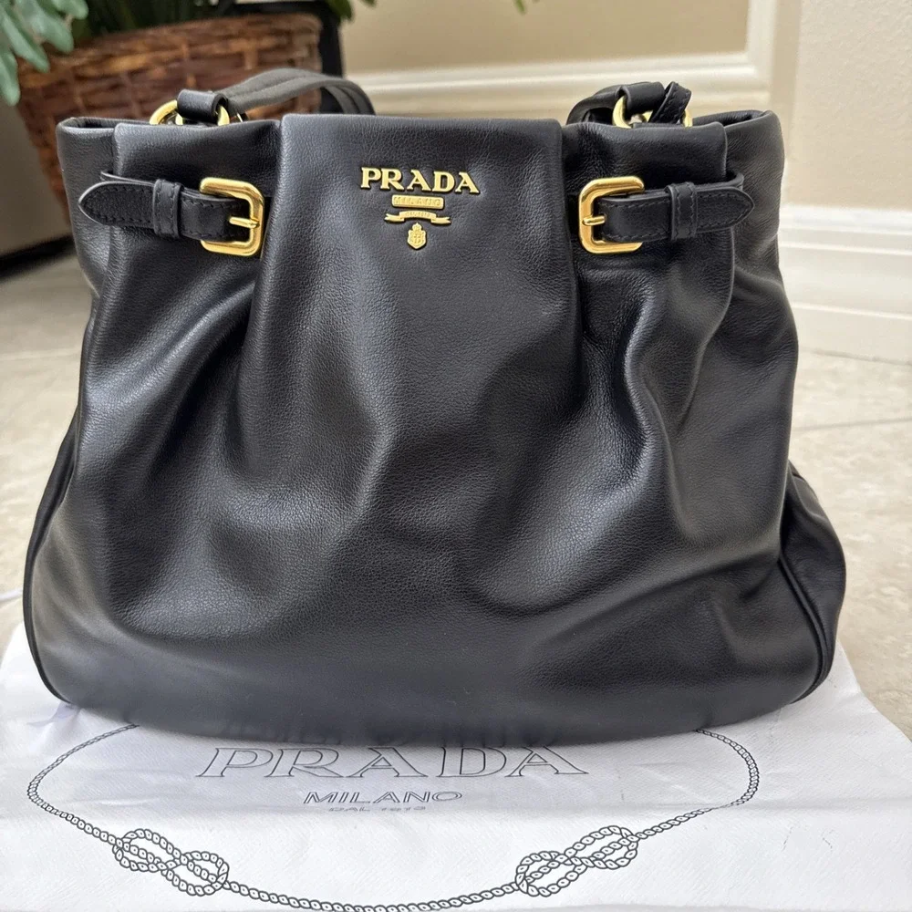 NWT PRADA Black Glace Calf Leather Shopping Tote Bag Purse ALL INCLUSIVE COA BAG - Picture 2 of 16